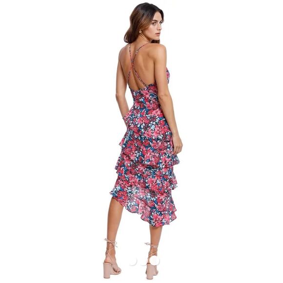 Elliatt Byron Asymmetrical Hem Midi Floral Dress in Multi Pink L - Picture 3 of 14